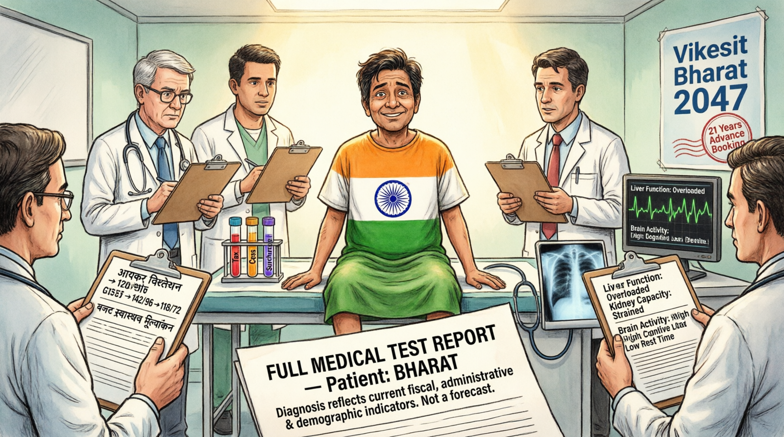 Satirical medical test report of India representing economic health, inflation, and development.